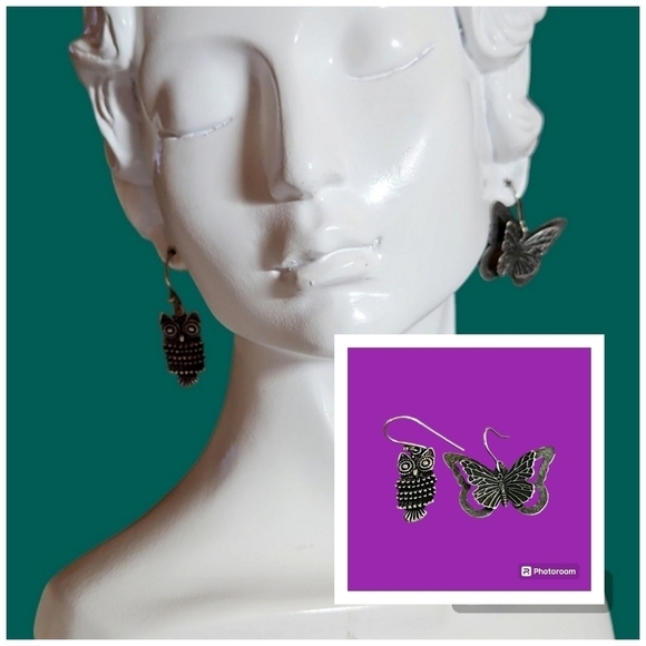 VTG Mismatched Fairy Nature Butterfly Owl Dangle Hook Earrings - Picture 1 of 4